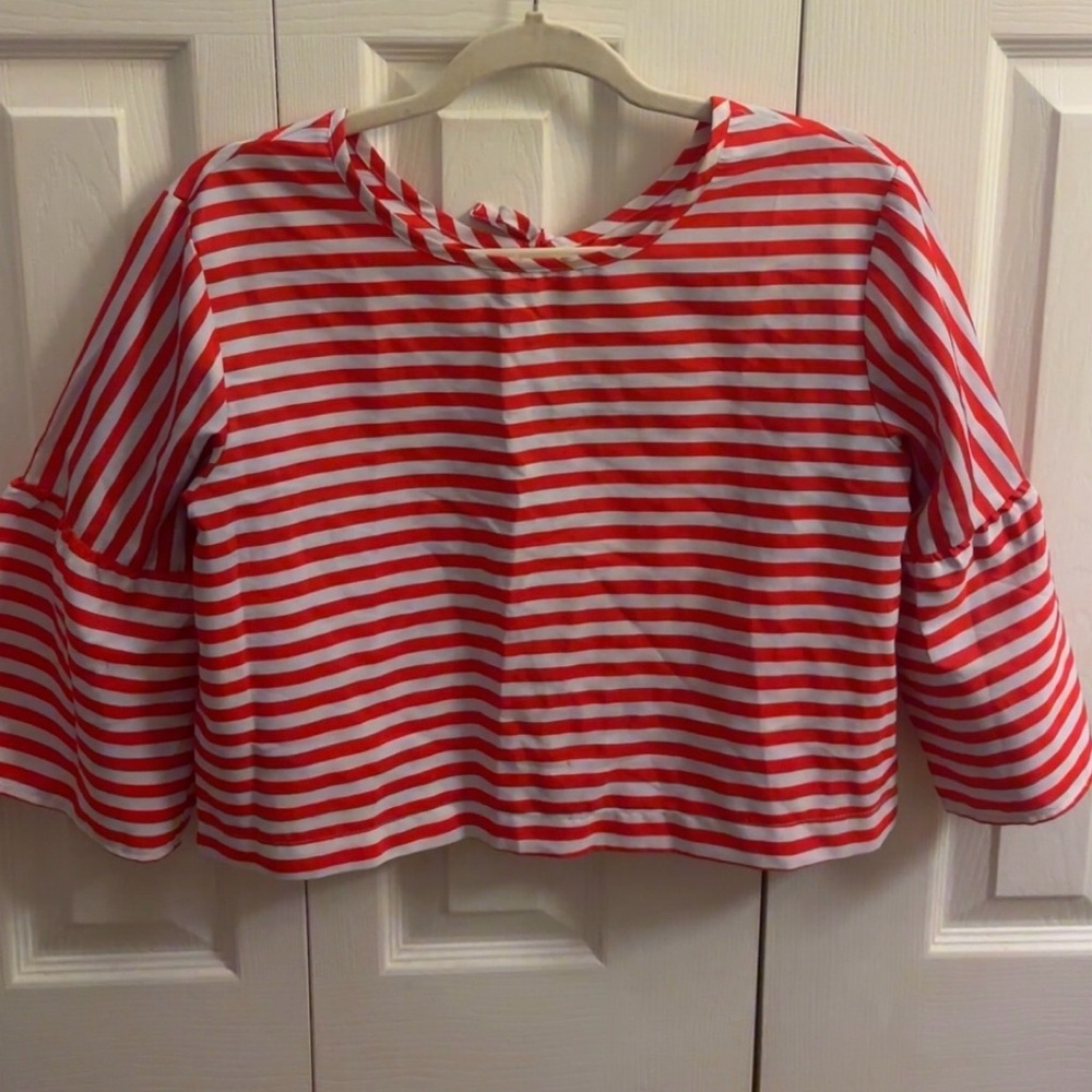 Red & White Striped Bell Sleeve Top | Back Tie Detail | Size Small